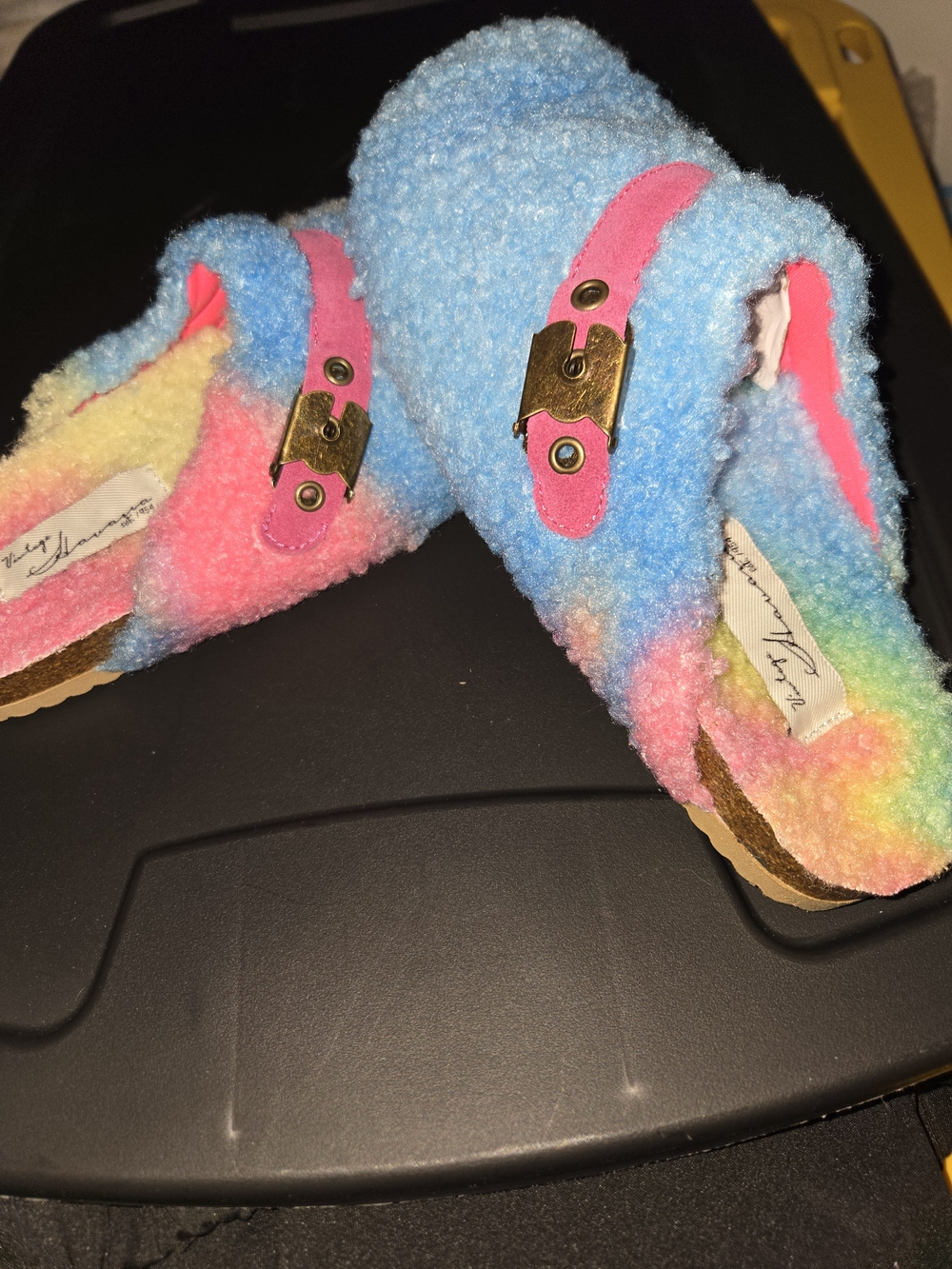 Vintage Pastel Rainbow Sherpa Clogs with Pink Strap